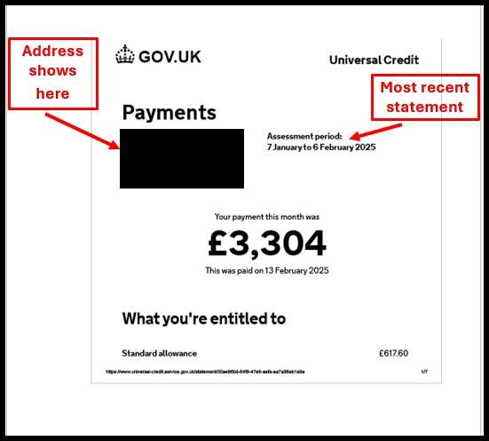 Universal credit example. Contains address in the top left and is the most recent statement