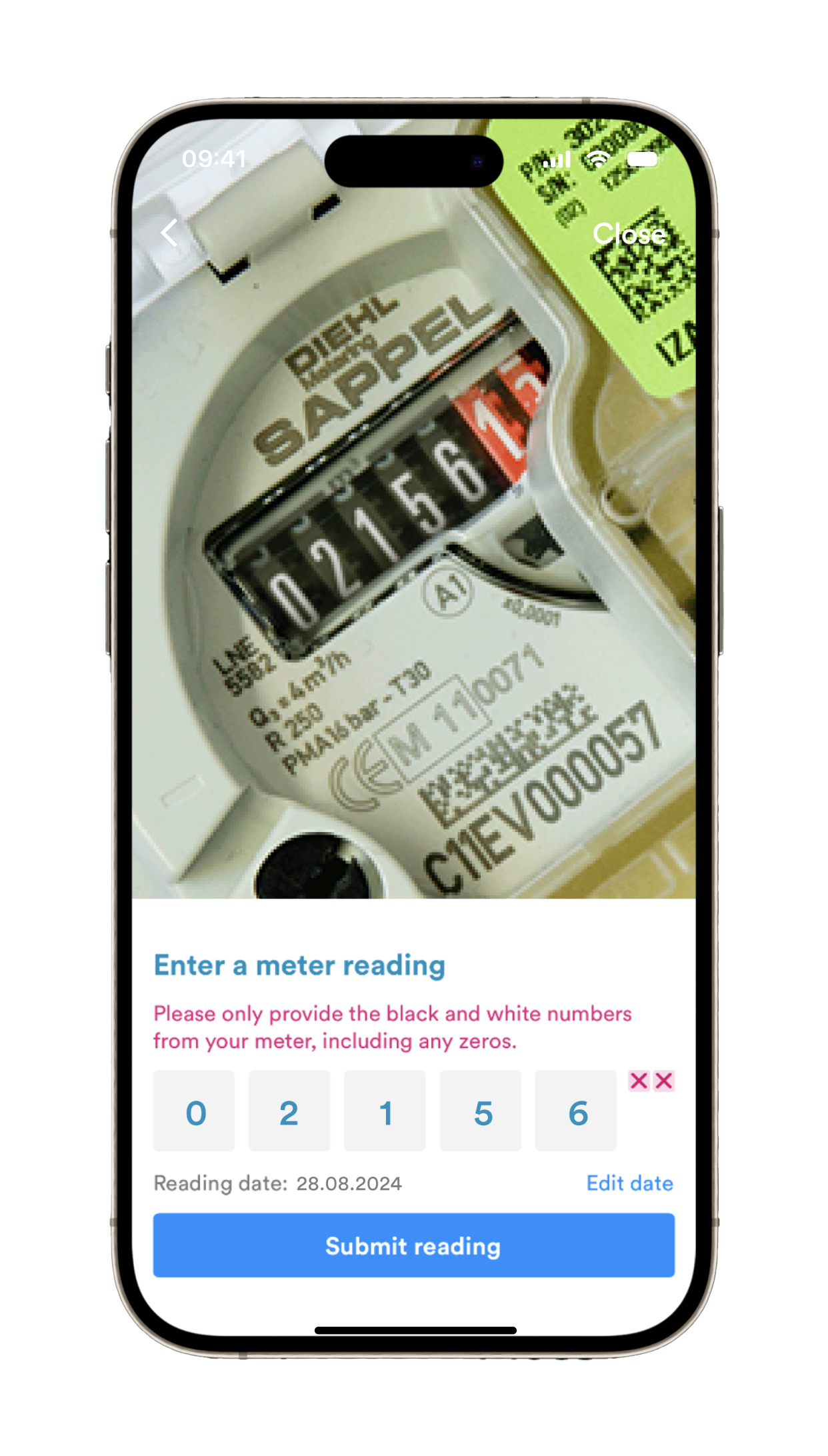 Submit a meter read app screen