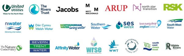 Logos for: United Utilities, The Rivers Trust, Jacobs, Mott Macdonald. ARUP, north star transition, RSK, nlwater, Dwr Cymru Welsh Water, Northumbrian water, southern water, seswater, Anglian water, South-west water, The Nature Conservancy, Severn trent water, Affinity water, wrse, wwt, westcounty rivers trust, south east rivers trust, Ribble rivers.